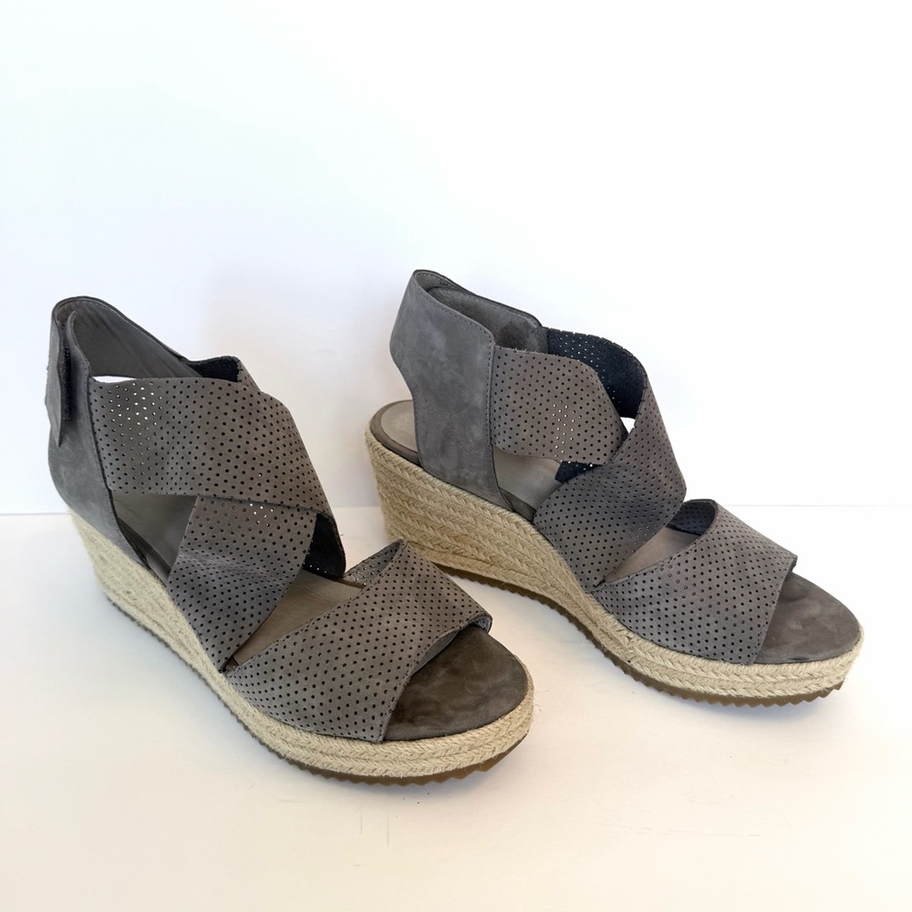 Eileen Fisher Willow espadrille wedge sandals in grey nubuck leather, size 8.5